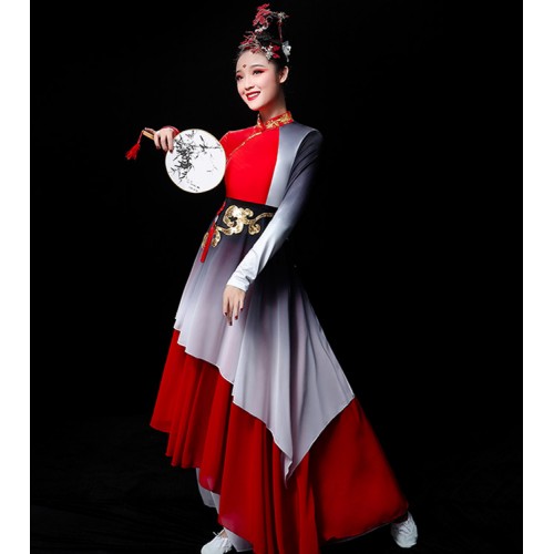 Women's red colored chinese folk dance costumes classical fairy cosplay hanfu dress ancient yangko fan umbrella dance dresses